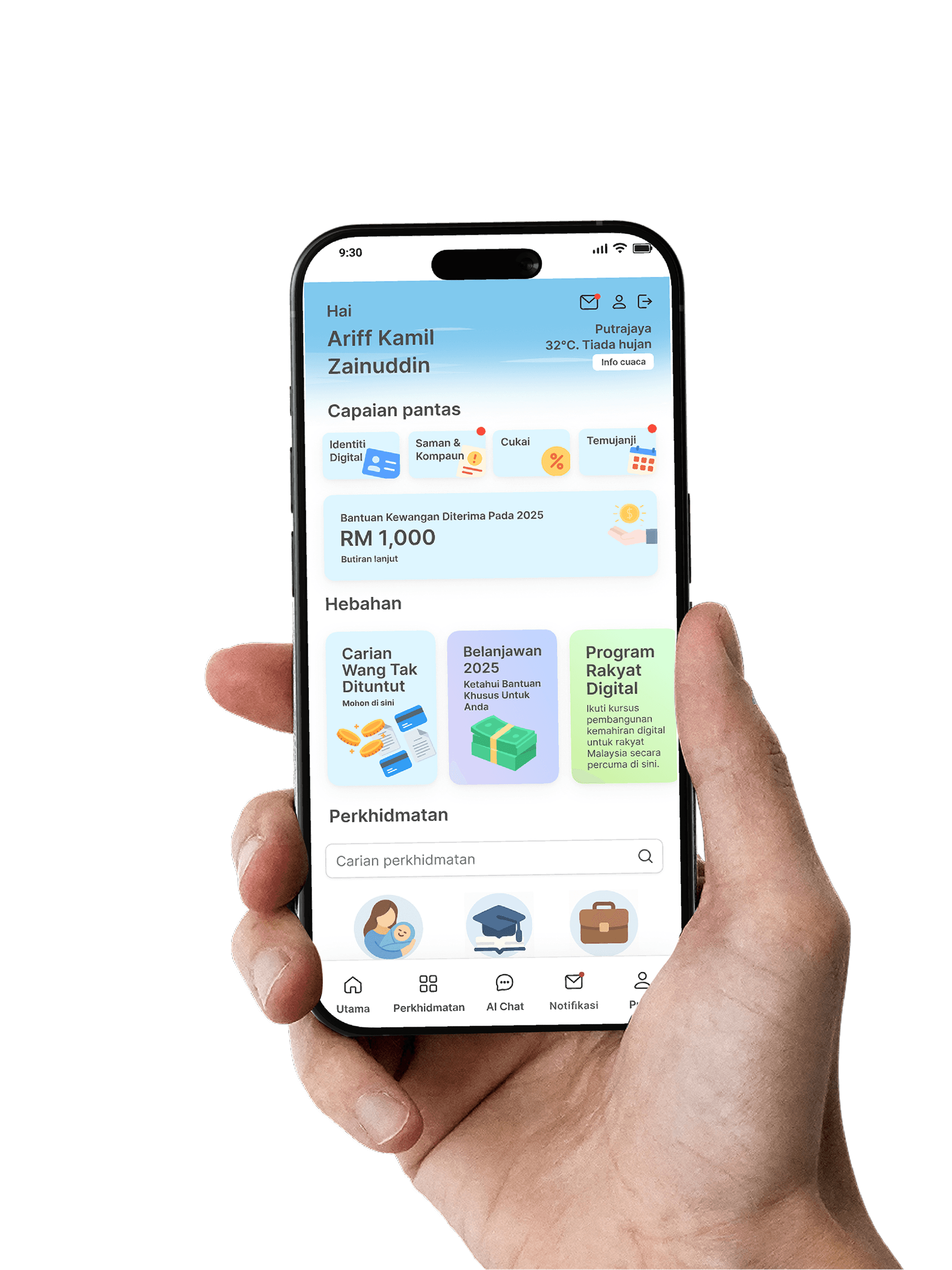 Hand holding a phone with MyGov app
